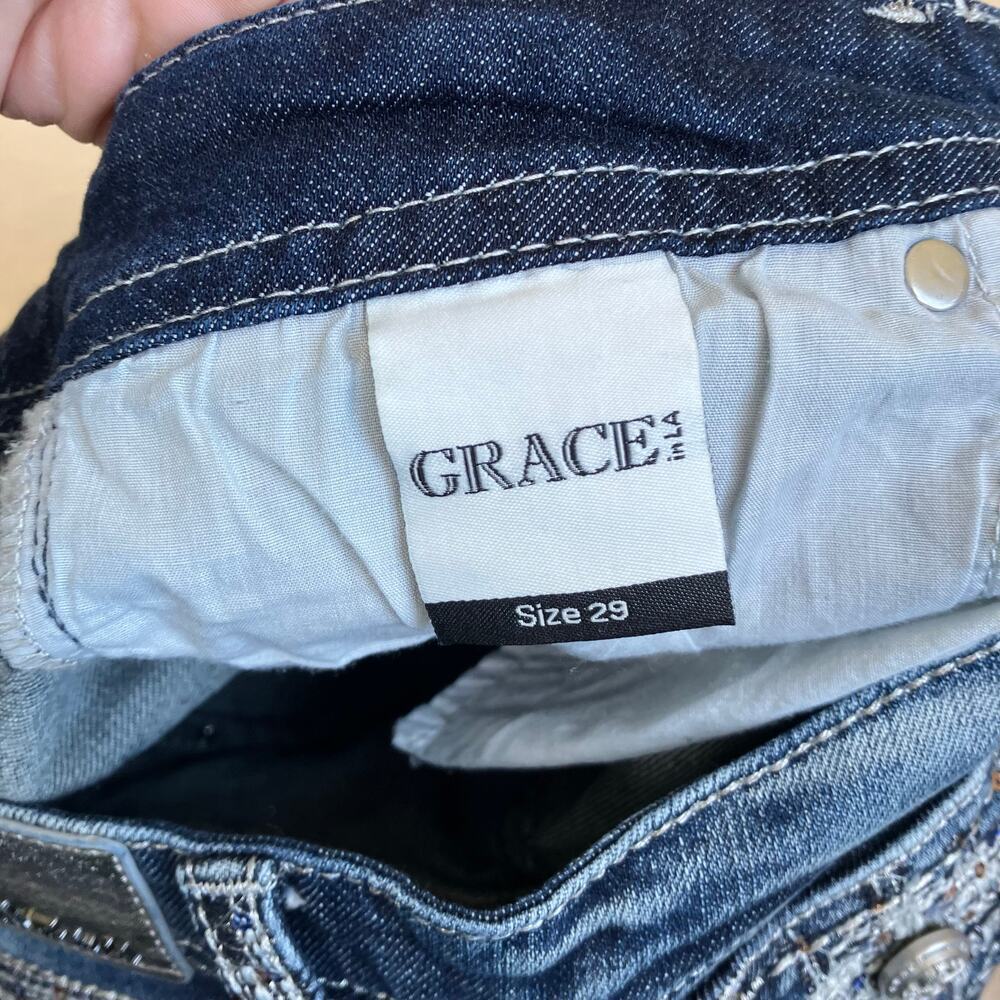 Grace In La Sz 29 Flap Pocket Embellished Embroidered Low Rise Bootcut Jeans - Picture 11 of 16